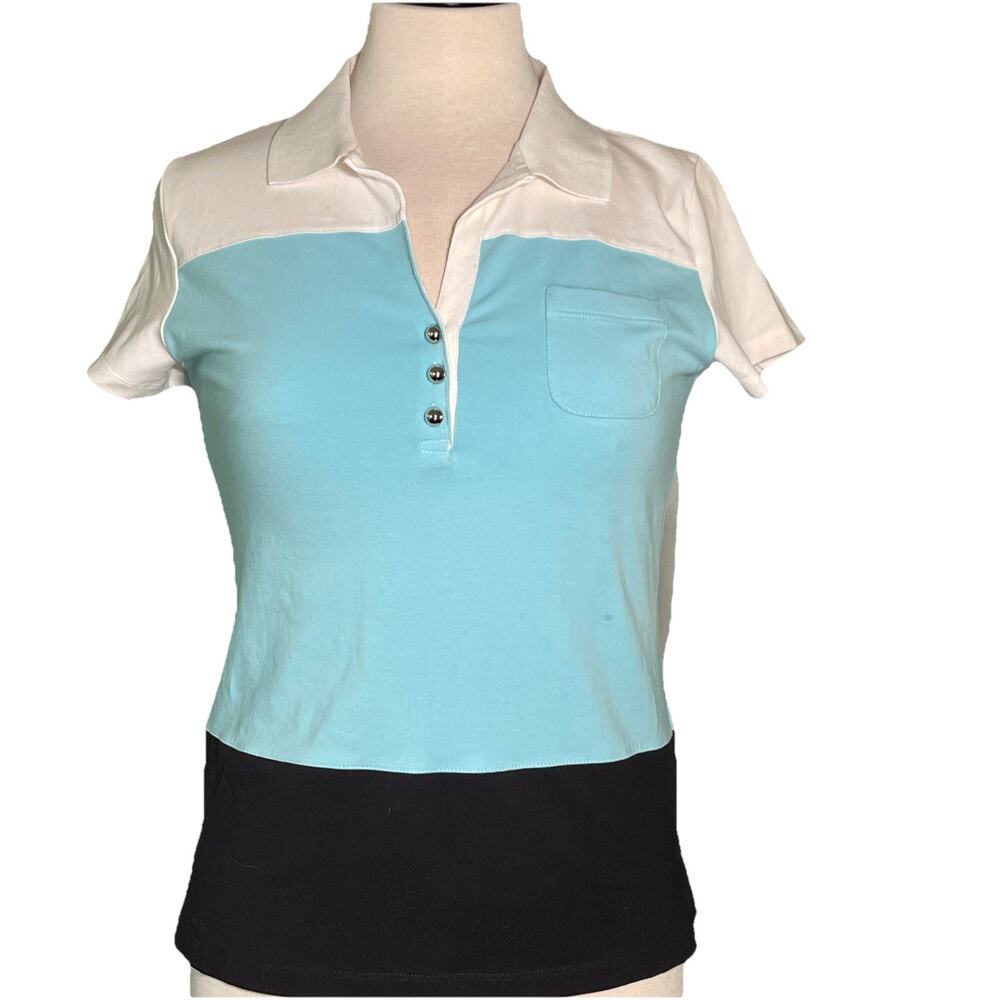 Jones New York Signature Women’s Small Polo Blue and White Shirt Sleeve-NWT Flaw